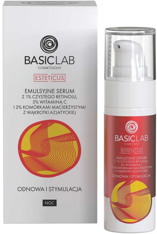 Basiclab Esteticus emulsinis serumas su 1% gryno retinolio, 5% vitamino C ir 2% centella asiatica kamieninių ląstelių 30ml